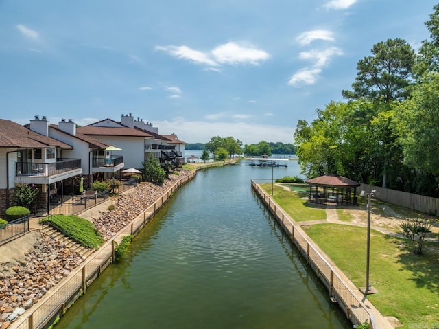 property view of water with a gazebo