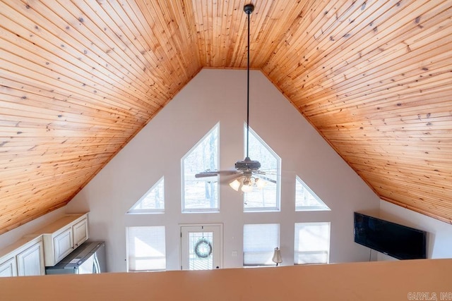 room details with ceiling fan and wood ceiling