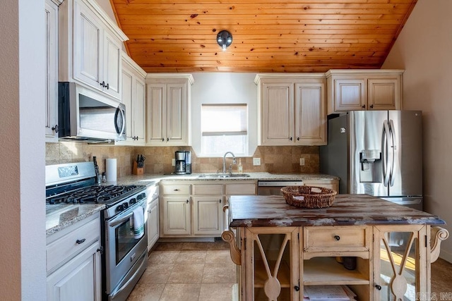 kitchen featuring wood counters, stainless steel appliances, wooden ceiling, and sink