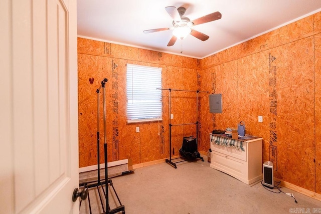 miscellaneous room with electric panel and ceiling fan