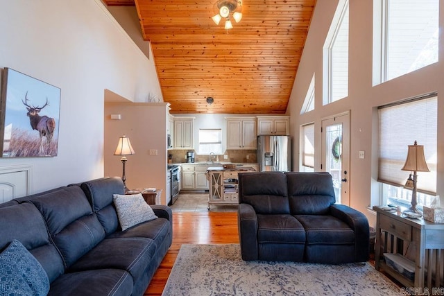 living room with light hardwood / wood-style flooring, high vaulted ceiling, wooden ceiling, and sink