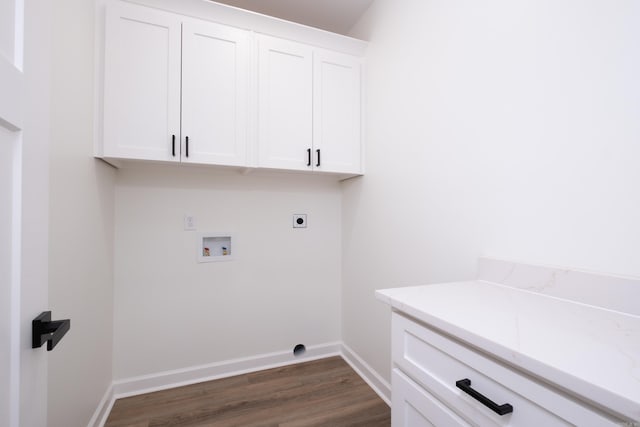 laundry room featuring washer hookup, dark hardwood / wood-style flooring, cabinets, and hookup for an electric dryer