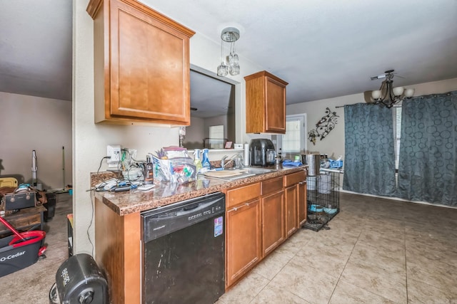 kitchen featuring sink, an inviting chandelier, light tile patterned flooring, and black dishwasher