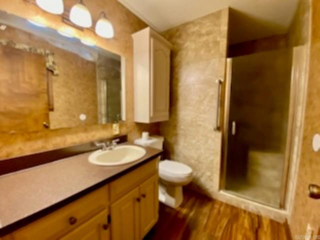 bathroom featuring vanity, toilet, wood-type flooring, and a shower with door