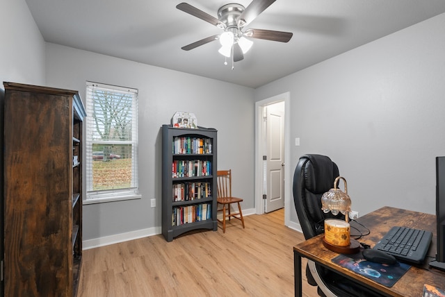 office space featuring ceiling fan and light hardwood / wood-style flooring