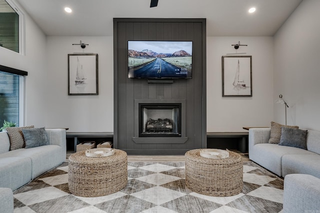 living room with a fireplace