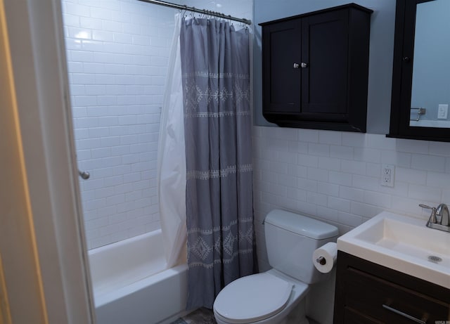 full bathroom with vanity, backsplash, toilet, tile walls, and shower / tub combo with curtain