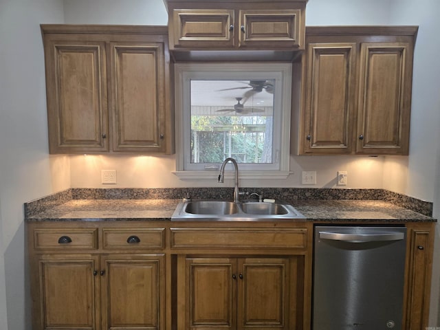 kitchen featuring dishwasher, dark stone counters, and sink