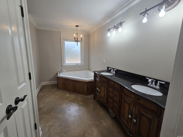 bathroom featuring a tub, a notable chandelier, crown molding, concrete floors, and vanity