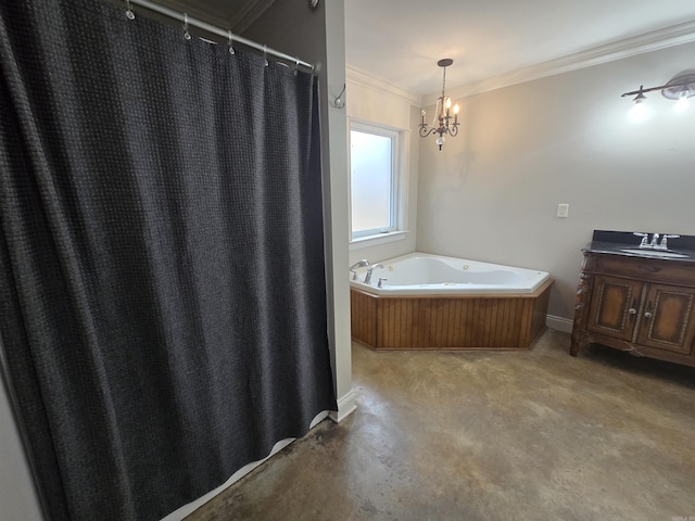 bathroom with a tub to relax in, ornamental molding, concrete flooring, vanity, and a chandelier