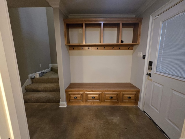 mudroom featuring dark colored carpet and ornamental molding