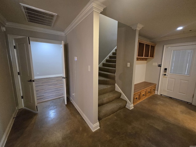 staircase with ornamental molding