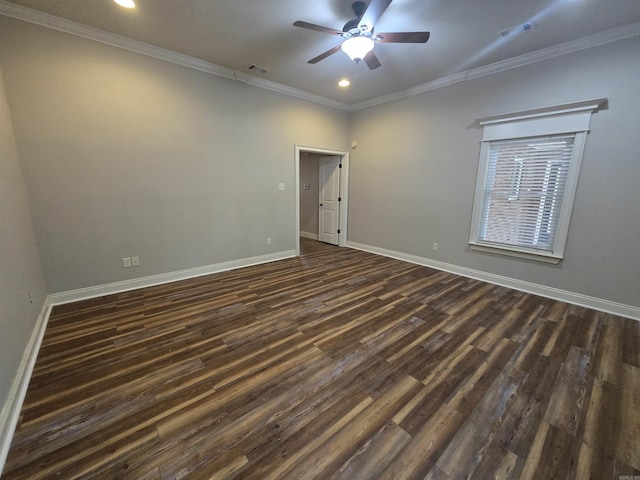 unfurnished room featuring dark hardwood / wood-style flooring, ceiling fan, and crown molding