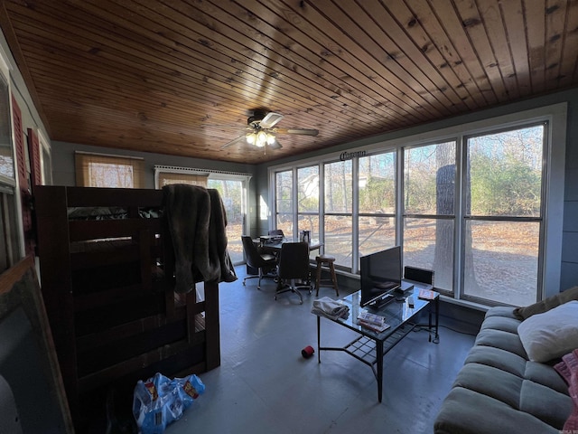 sunroom featuring ceiling fan and wooden ceiling