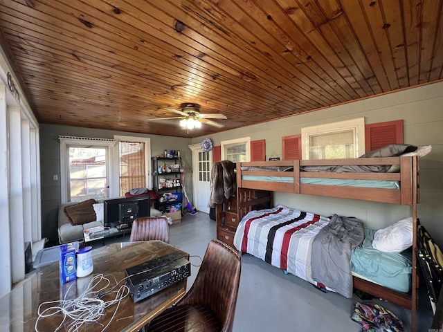 bedroom with ceiling fan and wood ceiling