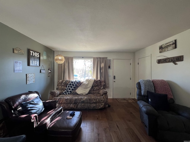 living room with dark hardwood / wood-style flooring and a textured ceiling