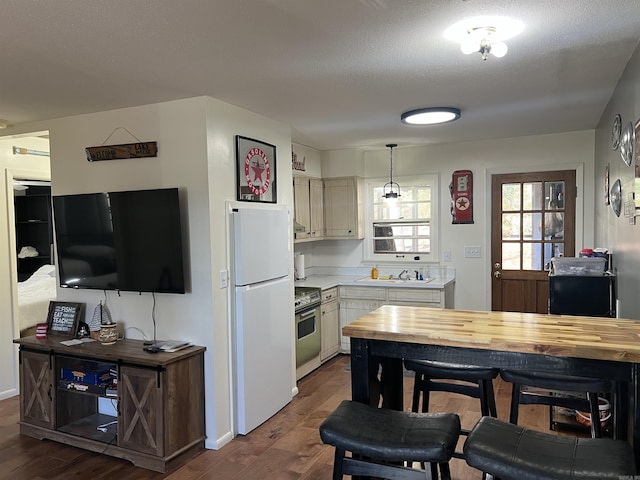 kitchen with stainless steel electric range oven, sink, hanging light fixtures, dark hardwood / wood-style floors, and white refrigerator