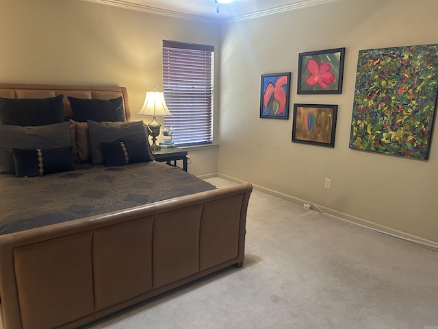 bedroom with light carpet and ornamental molding