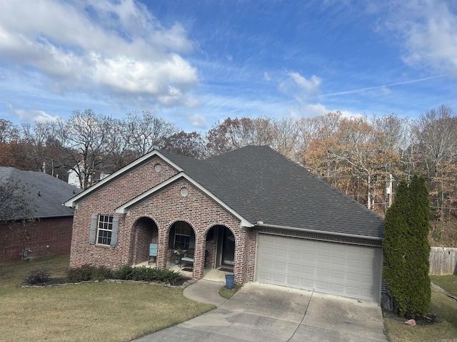 view of front facade featuring a front lawn, a porch, and a garage