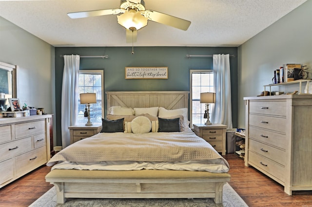 bedroom featuring ceiling fan, dark hardwood / wood-style flooring, a textured ceiling, and multiple windows