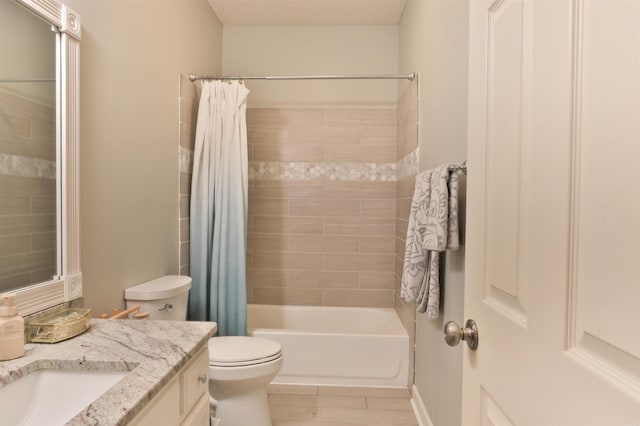 full bathroom with hardwood / wood-style floors, vanity, shower / bath combination with curtain, and toilet