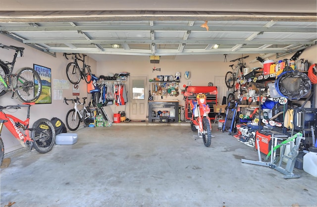 garage with a workshop area