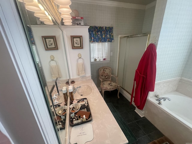 bathroom featuring tile patterned floors, separate shower and tub, vanity, and ornamental molding