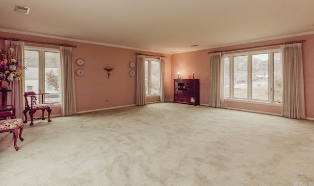 living room with crown molding and light carpet