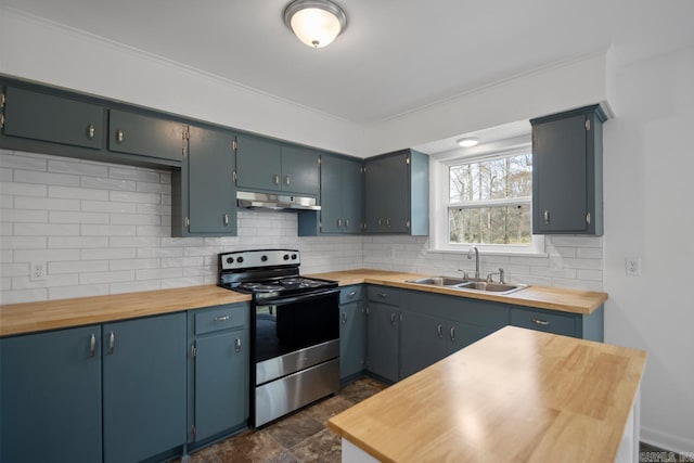 kitchen with sink, wood counters, blue cabinets, backsplash, and stainless steel range with electric cooktop