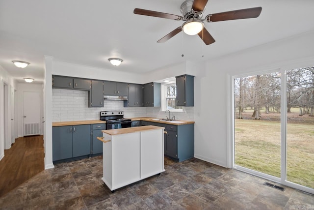 kitchen with wood counters, electric stove, backsplash, and a wealth of natural light