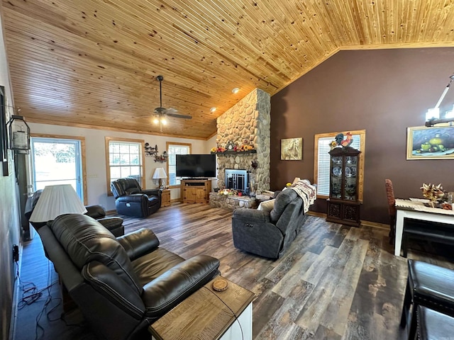 living room featuring ceiling fan, wooden ceiling, a stone fireplace, high vaulted ceiling, and wood-type flooring