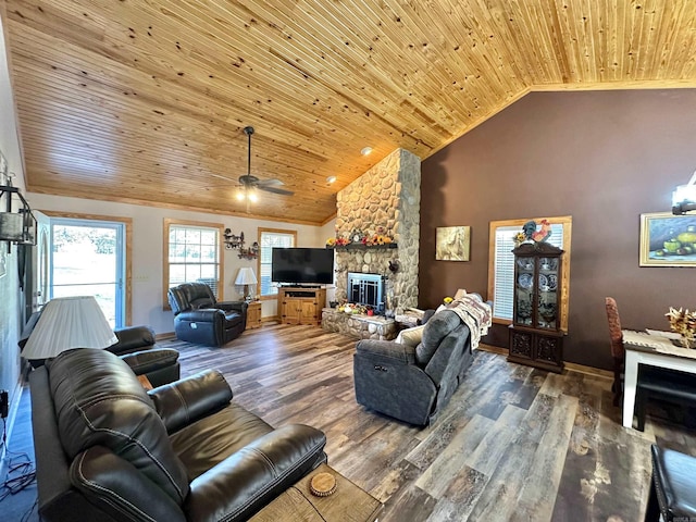 living room featuring ceiling fan, vaulted ceiling, a fireplace, wood ceiling, and hardwood / wood-style flooring