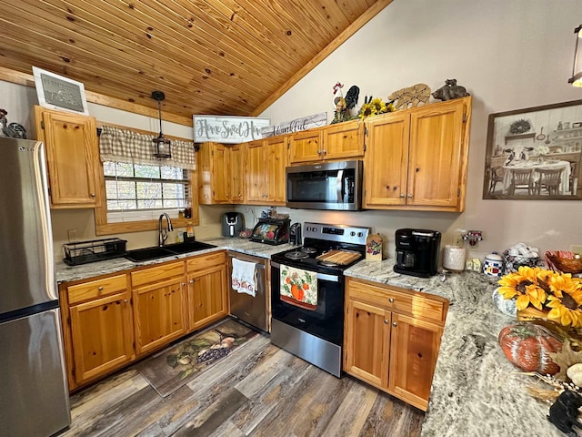 kitchen featuring sink, dark hardwood / wood-style floors, decorative light fixtures, wood ceiling, and stainless steel appliances