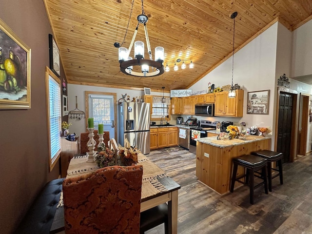 kitchen with kitchen peninsula, dark wood-type flooring, decorative light fixtures, and appliances with stainless steel finishes