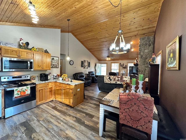 kitchen featuring dark wood-type flooring, high vaulted ceiling, decorative light fixtures, kitchen peninsula, and stainless steel appliances