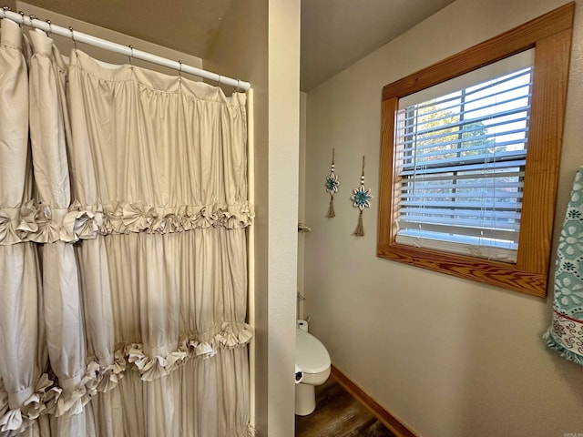 bathroom featuring hardwood / wood-style flooring and toilet