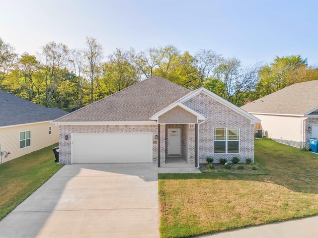 ranch-style house with central air condition unit, a front yard, and a garage