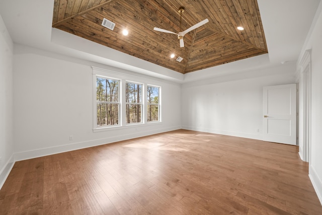 unfurnished room with wood ceiling, ceiling fan, and wood-type flooring