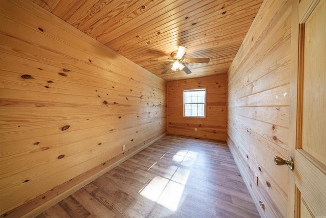 spare room featuring light wood-type flooring, wooden ceiling, ceiling fan, and wooden walls