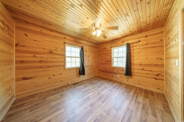 spare room with wooden walls, hardwood / wood-style flooring, a healthy amount of sunlight, and wood ceiling