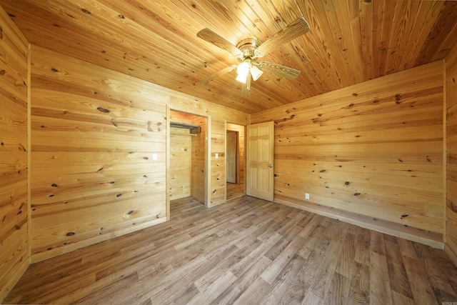 spare room featuring wooden ceiling, hardwood / wood-style flooring, ceiling fan, and wooden walls