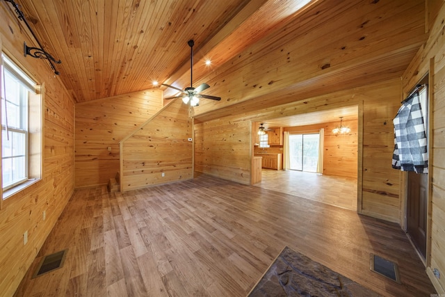 bonus room with wooden walls, wood-type flooring, vaulted ceiling, and wooden ceiling