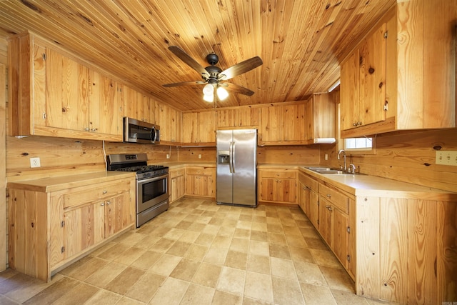 kitchen with appliances with stainless steel finishes, wood ceiling, ceiling fan, sink, and wood walls