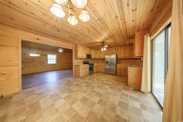 kitchen featuring ceiling fan, sink, wooden ceiling, wood walls, and appliances with stainless steel finishes