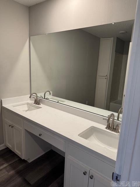 bathroom with vanity and hardwood / wood-style flooring