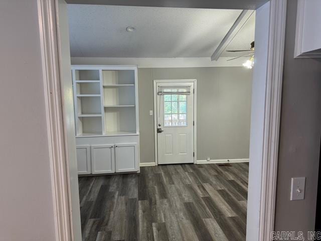 doorway featuring ceiling fan and dark hardwood / wood-style flooring