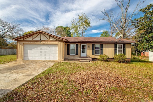 ranch-style house with a front yard and a garage