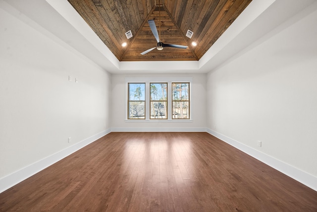 spare room featuring vaulted ceiling, hardwood / wood-style floors, ceiling fan, a tray ceiling, and wooden ceiling