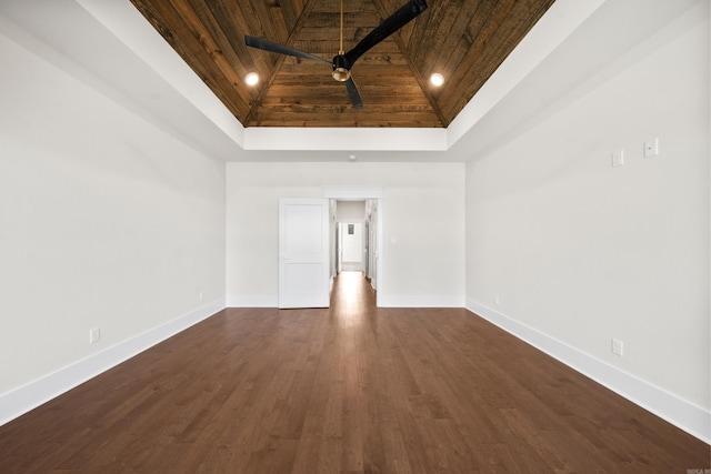 empty room featuring wood ceiling, ceiling fan, dark hardwood / wood-style floors, and high vaulted ceiling