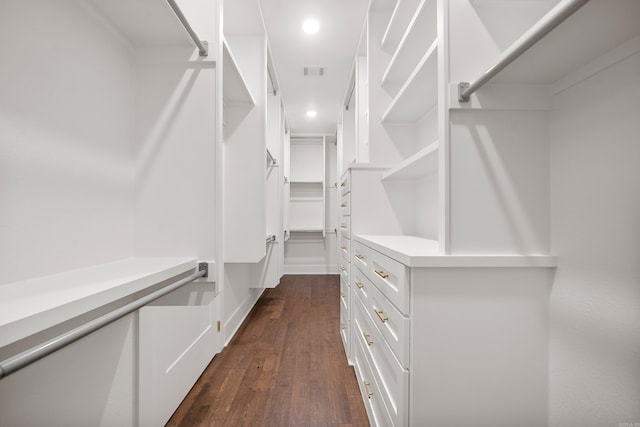 spacious closet with dark hardwood / wood-style flooring